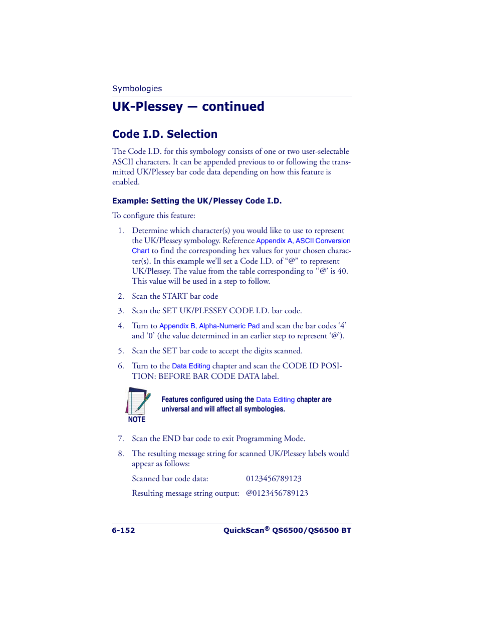 Uk-plessey — continued, Code i.d. selection | Datalogic Scanning QUICKSCAN QS6500BT User Manual | Page 240 / 336