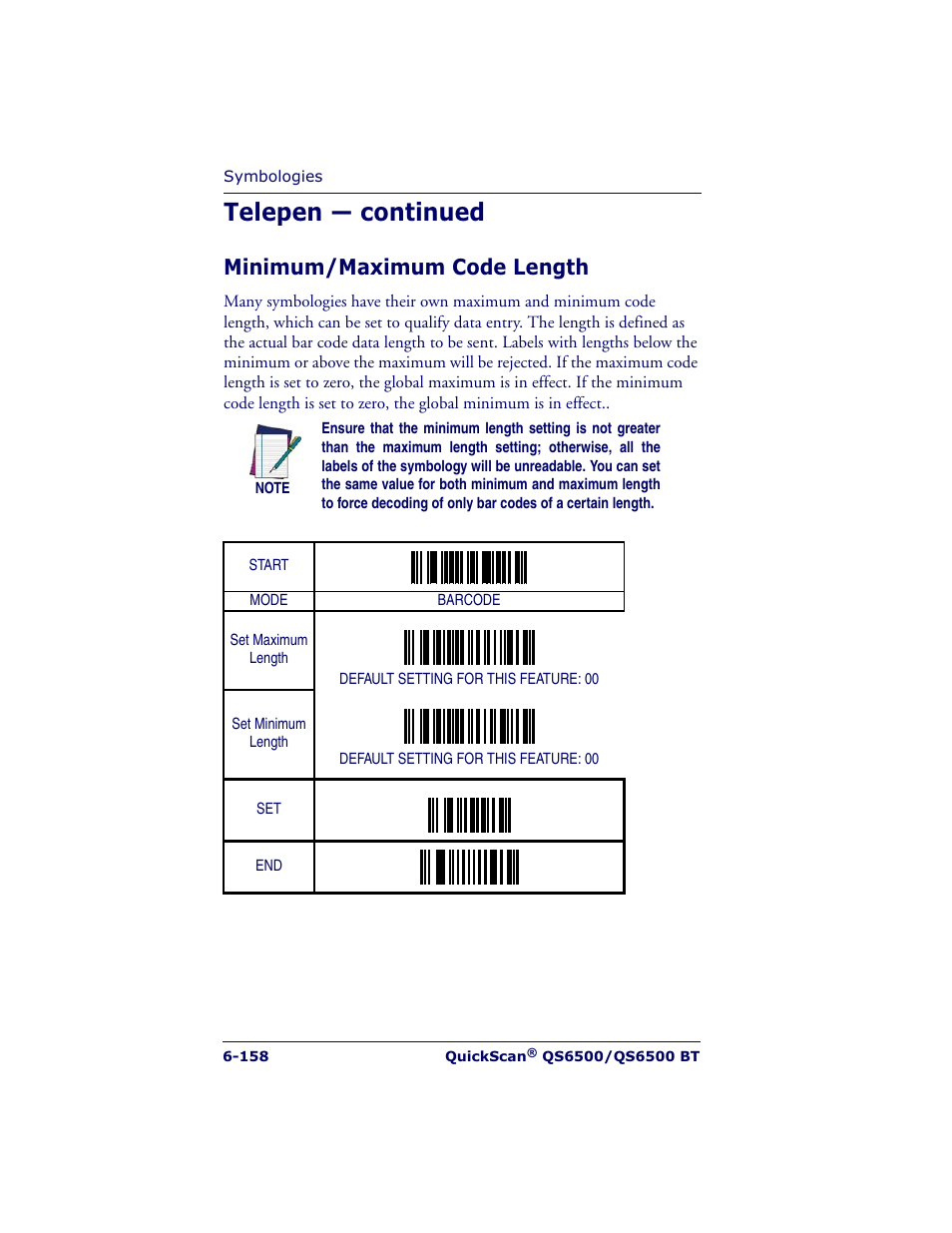 Telepen — continued, Minimum/maximum code length | Datalogic Scanning QUICKSCAN QS6500BT User Manual | Page 246 / 336