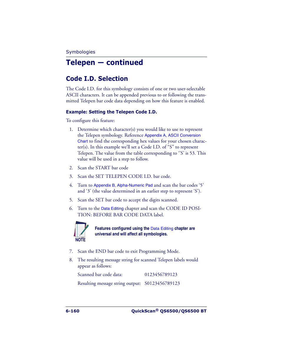 Telepen — continued, Code i.d. selection | Datalogic Scanning QUICKSCAN QS6500BT User Manual | Page 248 / 336