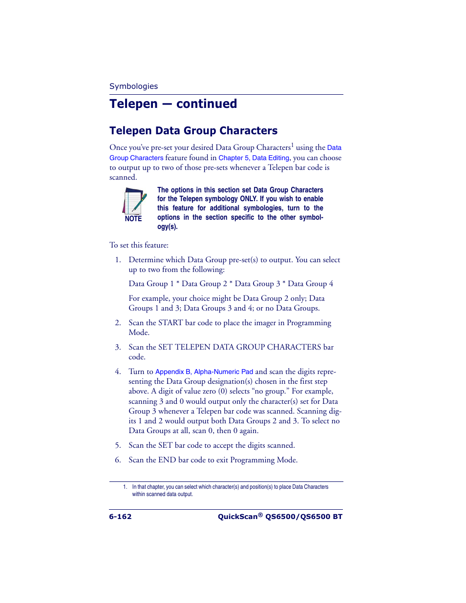 Telepen — continued, Telepen data group characters | Datalogic Scanning QUICKSCAN QS6500BT User Manual | Page 250 / 336