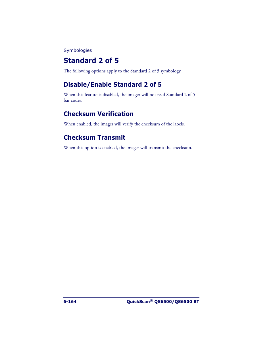 Standard 2 of 5, Disable/enable standard 2 of 5, Checksum verification | Checksum transmit | Datalogic Scanning QUICKSCAN QS6500BT User Manual | Page 252 / 336