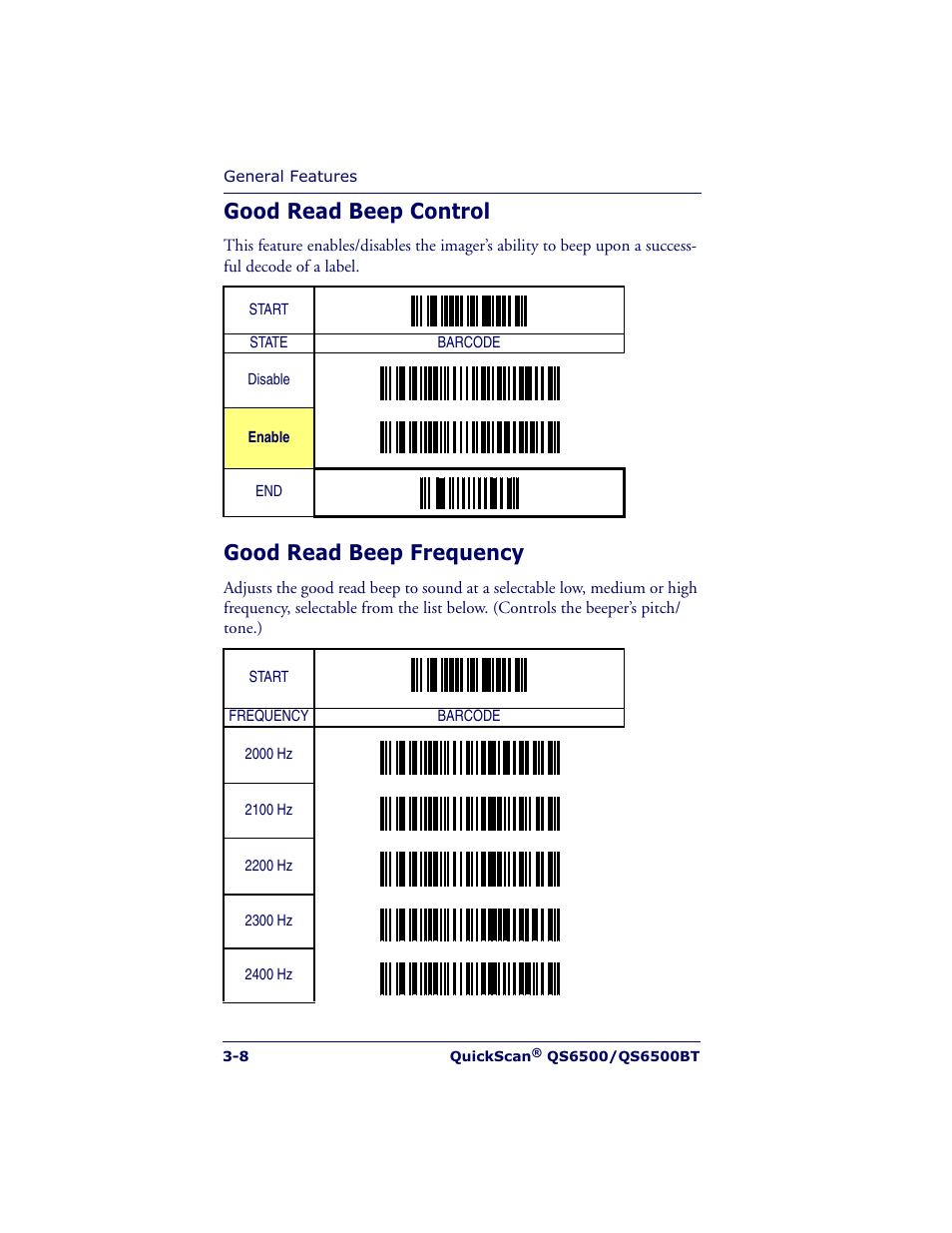 Good read beep control, Good read beep frequency | Datalogic Scanning QUICKSCAN QS6500BT User Manual | Page 26 / 336