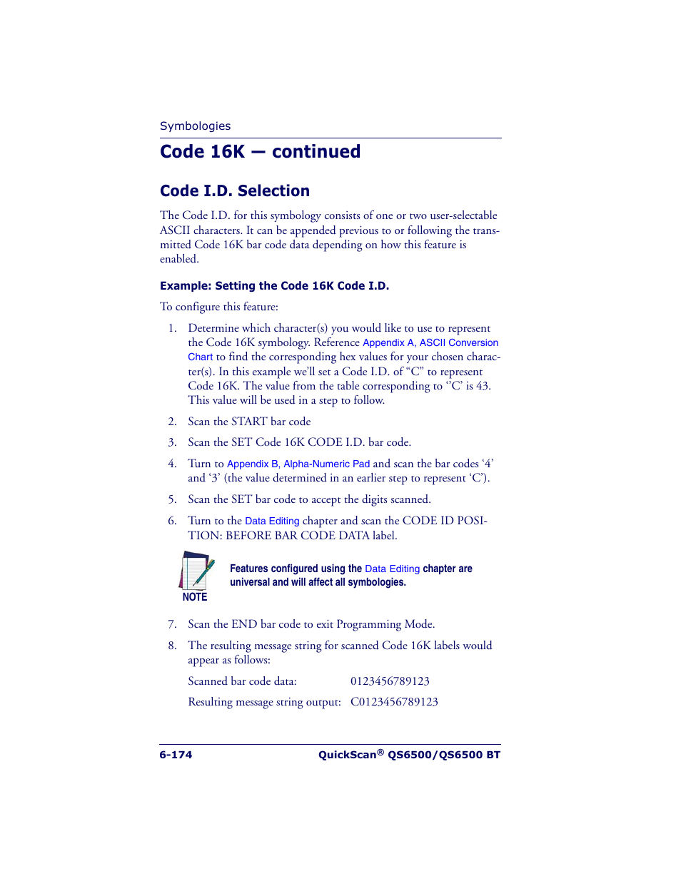 Code 16k — continued, Code i.d. selection | Datalogic Scanning QUICKSCAN QS6500BT User Manual | Page 262 / 336