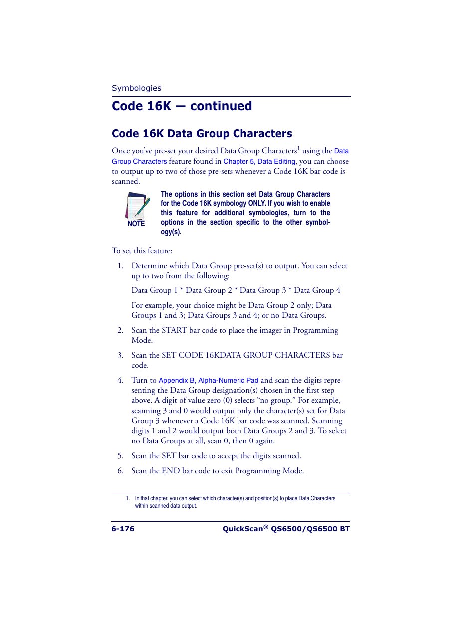 Code 16k — continued, Code 16k data group characters | Datalogic Scanning QUICKSCAN QS6500BT User Manual | Page 264 / 336