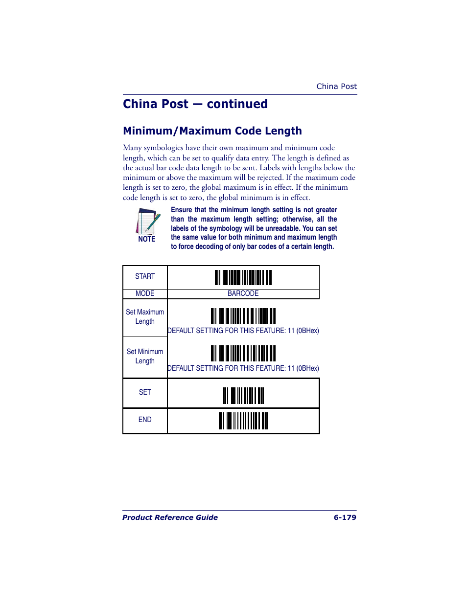 China post — continued, Minimum/maximum code length | Datalogic Scanning QUICKSCAN QS6500BT User Manual | Page 267 / 336