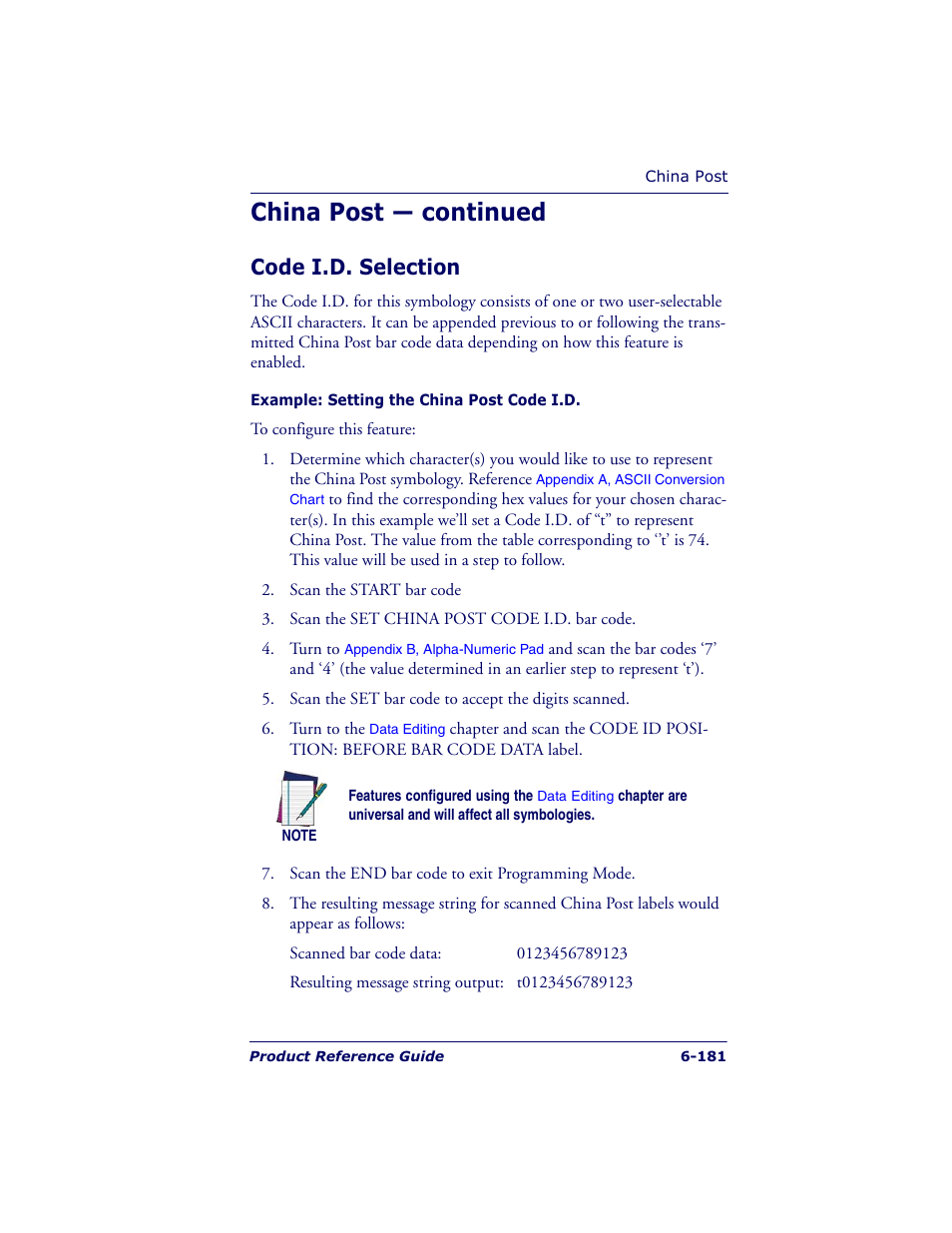 China post — continued, Code i.d. selection | Datalogic Scanning QUICKSCAN QS6500BT User Manual | Page 269 / 336