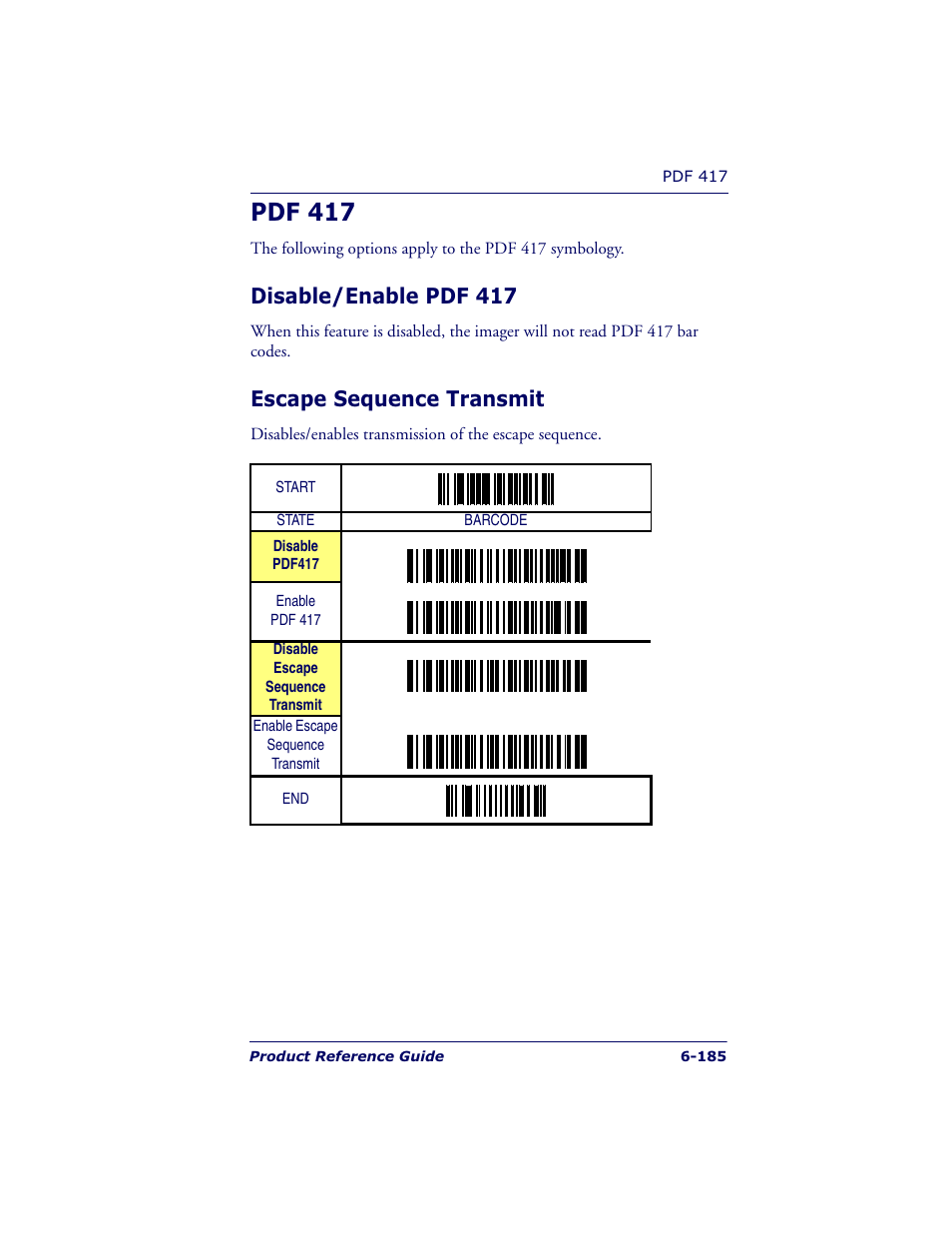 Pdf 417, Disable/enable pdf 417, Escape sequence transmit | Datalogic Scanning QUICKSCAN QS6500BT User Manual | Page 273 / 336