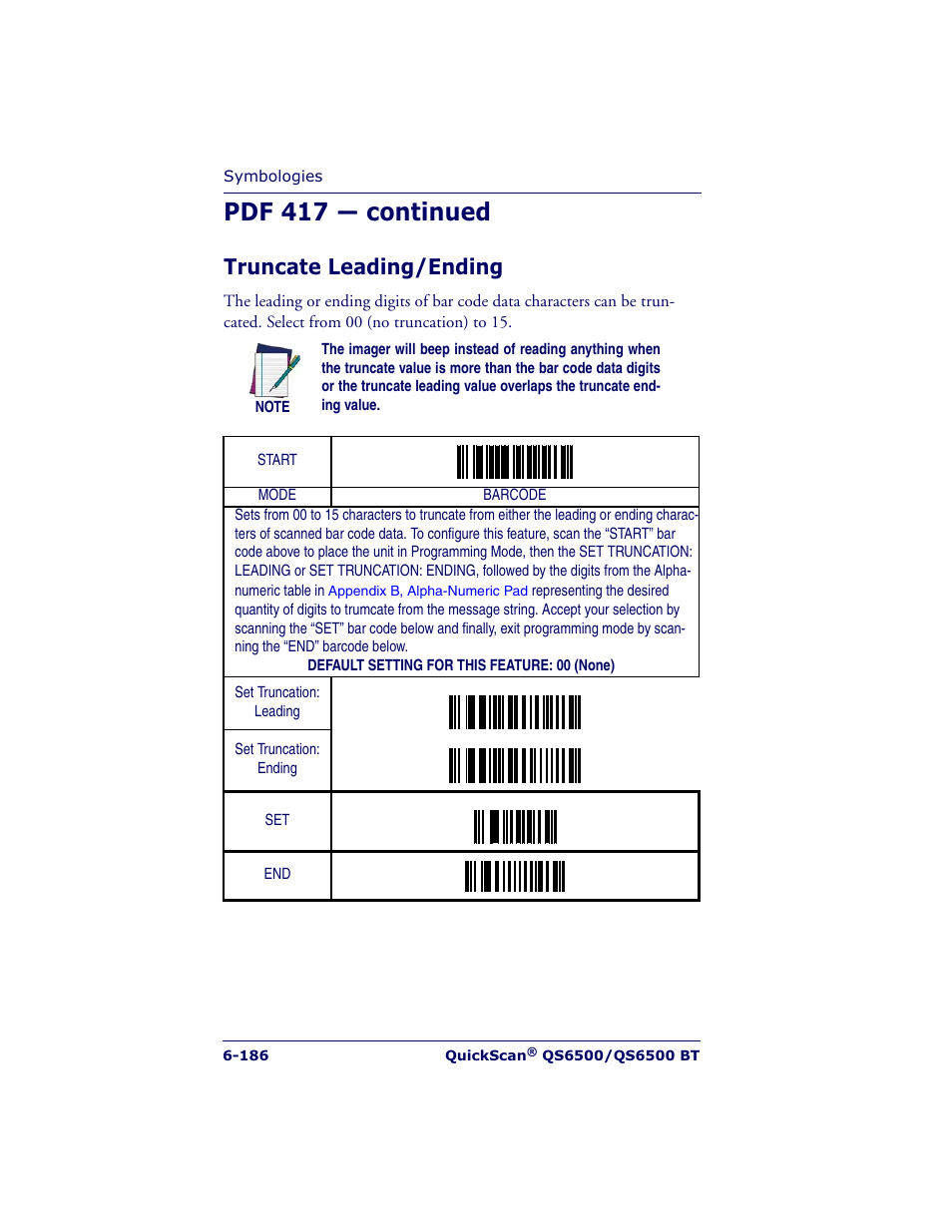 Pdf 417 — continued, Truncate leading/ending | Datalogic Scanning QUICKSCAN QS6500BT User Manual | Page 274 / 336
