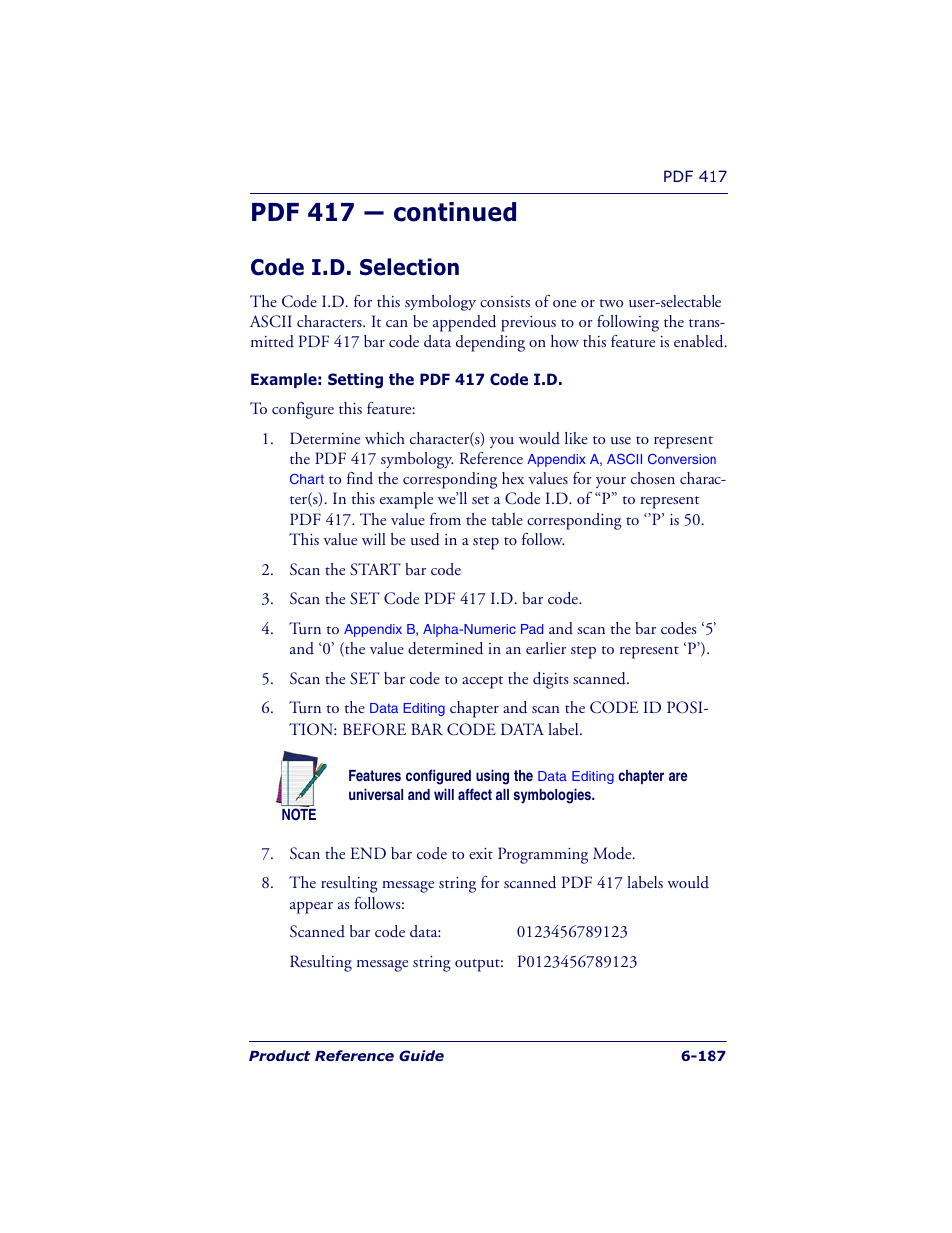 Pdf 417 — continued, Code i.d. selection | Datalogic Scanning QUICKSCAN QS6500BT User Manual | Page 275 / 336