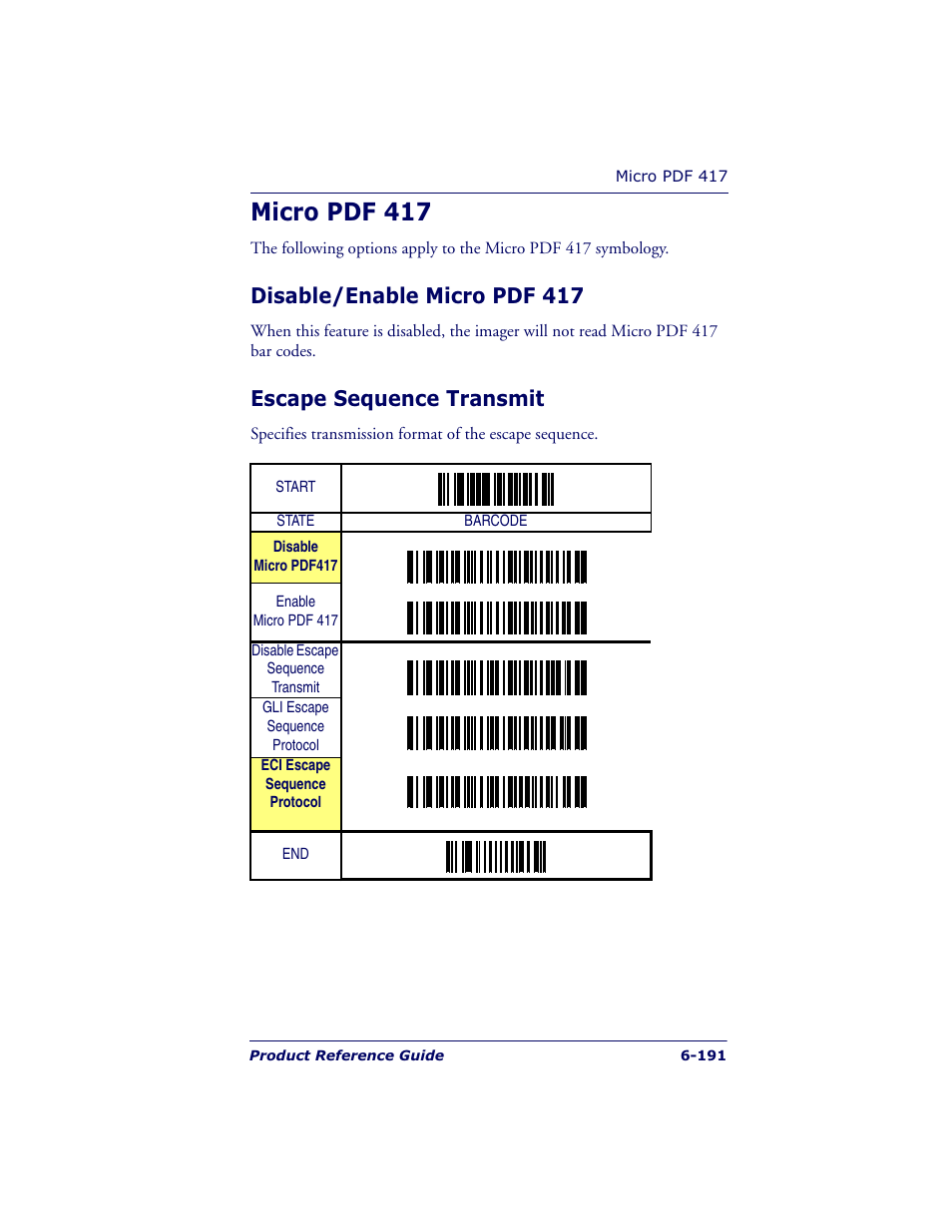 Micro pdf 417, Disable/enable micro pdf 417, Escape sequence transmit | Datalogic Scanning QUICKSCAN QS6500BT User Manual | Page 279 / 336
