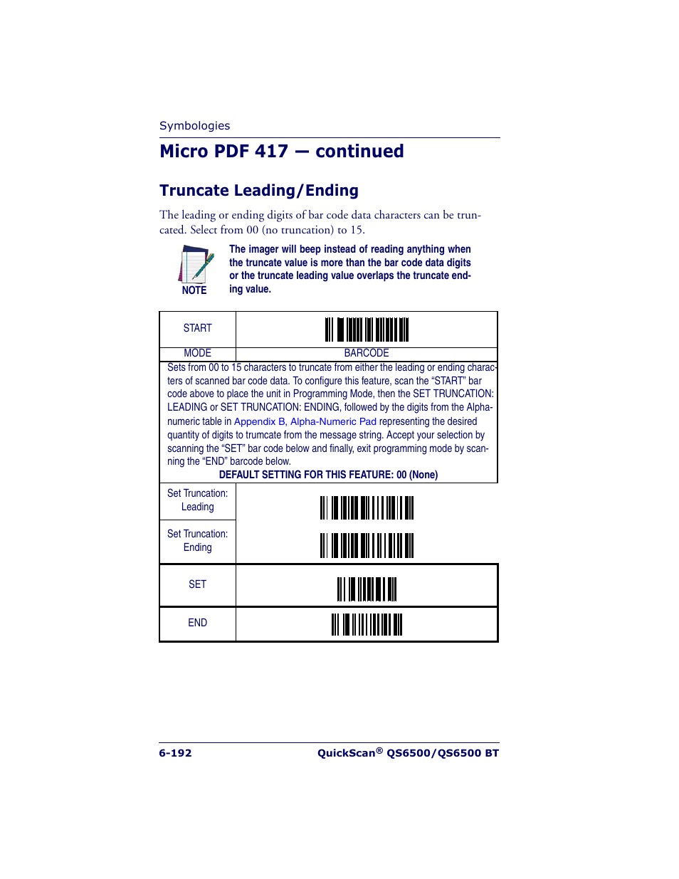 Micro pdf 417 — continued, Truncate leading/ending | Datalogic Scanning QUICKSCAN QS6500BT User Manual | Page 280 / 336
