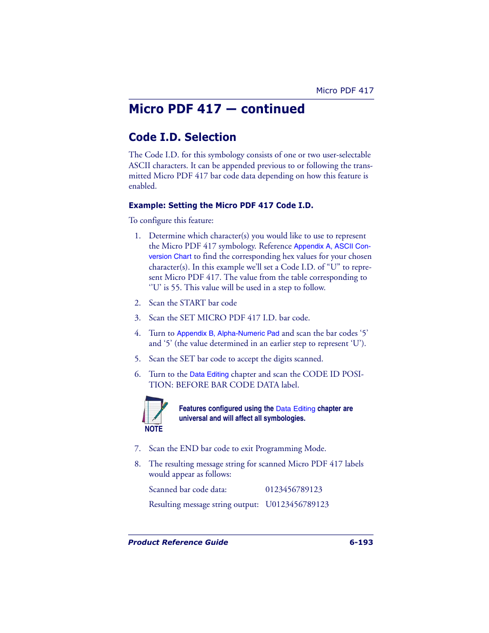 Micro pdf 417 — continued, Code i.d. selection | Datalogic Scanning QUICKSCAN QS6500BT User Manual | Page 281 / 336