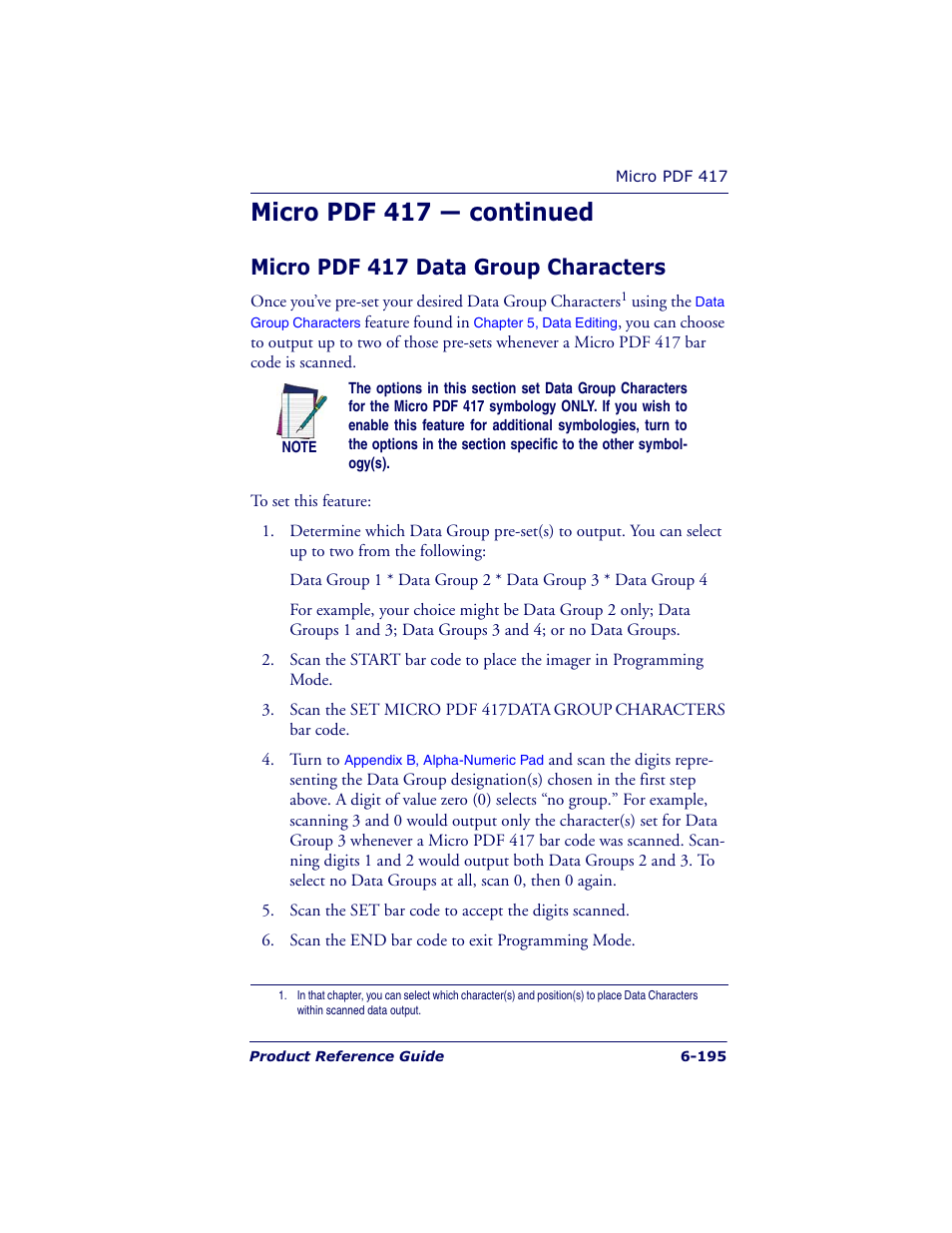 Micro pdf 417 — continued, Micro pdf 417 data group characters | Datalogic Scanning QUICKSCAN QS6500BT User Manual | Page 283 / 336