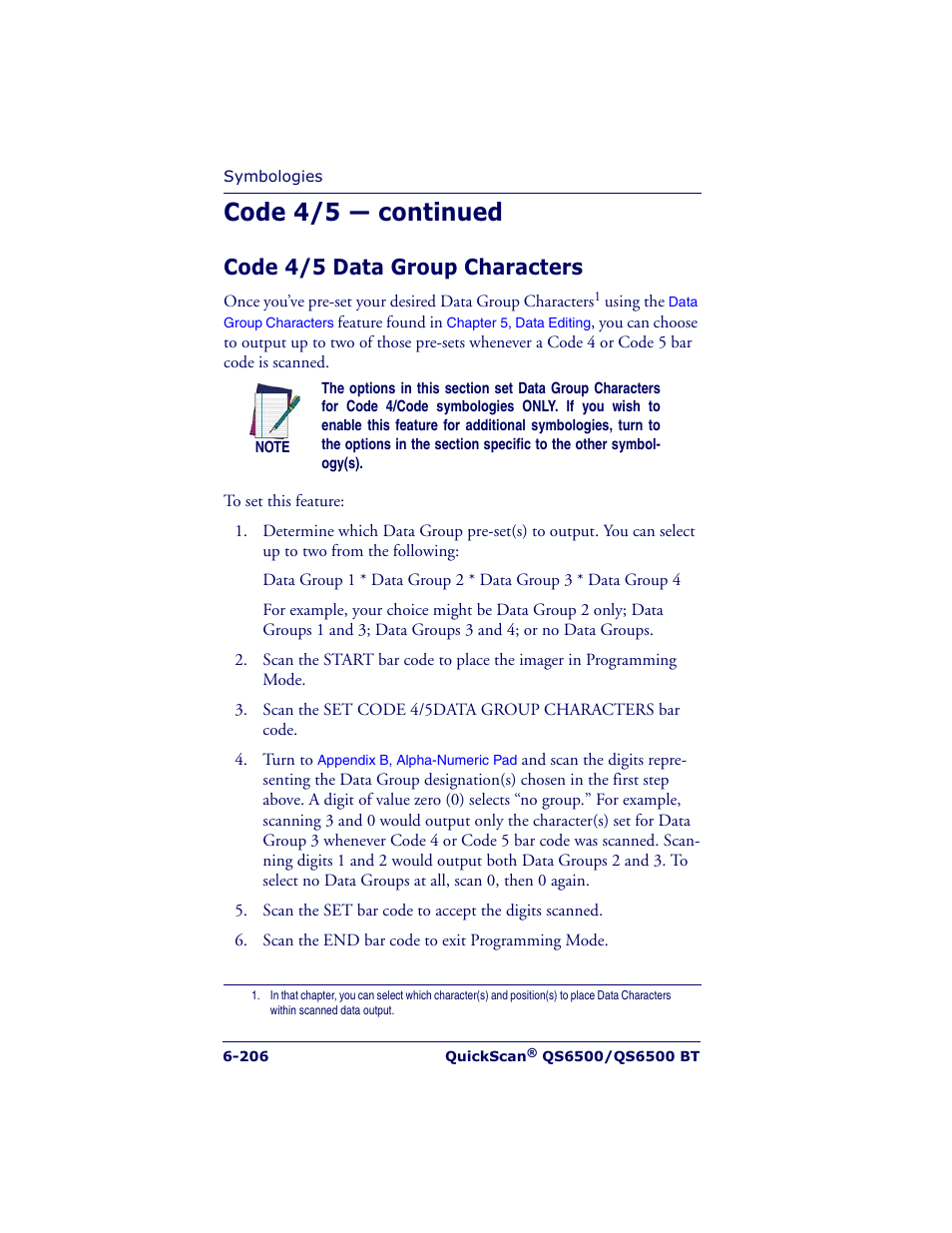 Code 4/5 — continued, Code 4/5 data group characters | Datalogic Scanning QUICKSCAN QS6500BT User Manual | Page 294 / 336