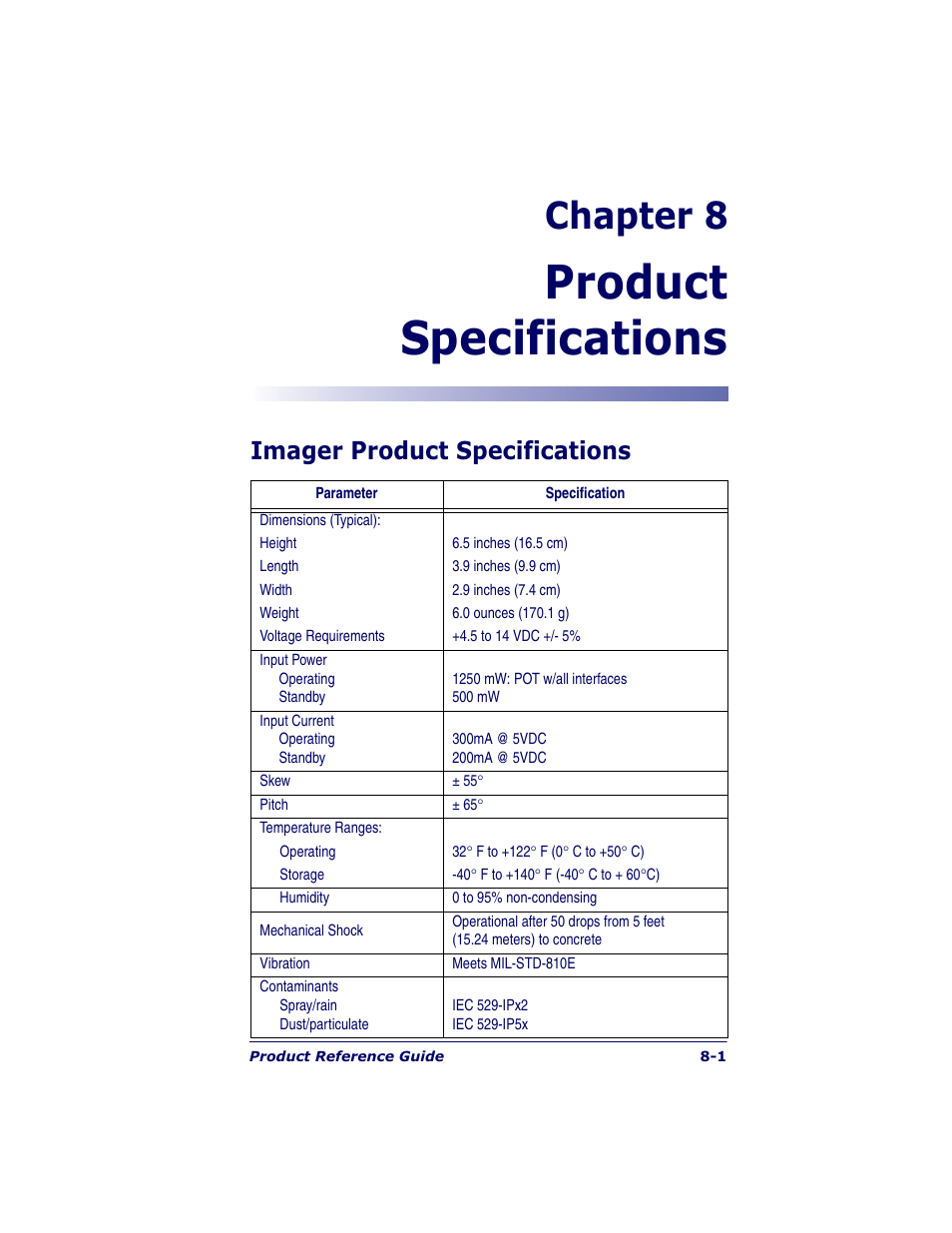 Product specifications, Chapter 8, Imager product specifications | Datalogic Scanning QUICKSCAN QS6500BT User Manual | Page 307 / 336