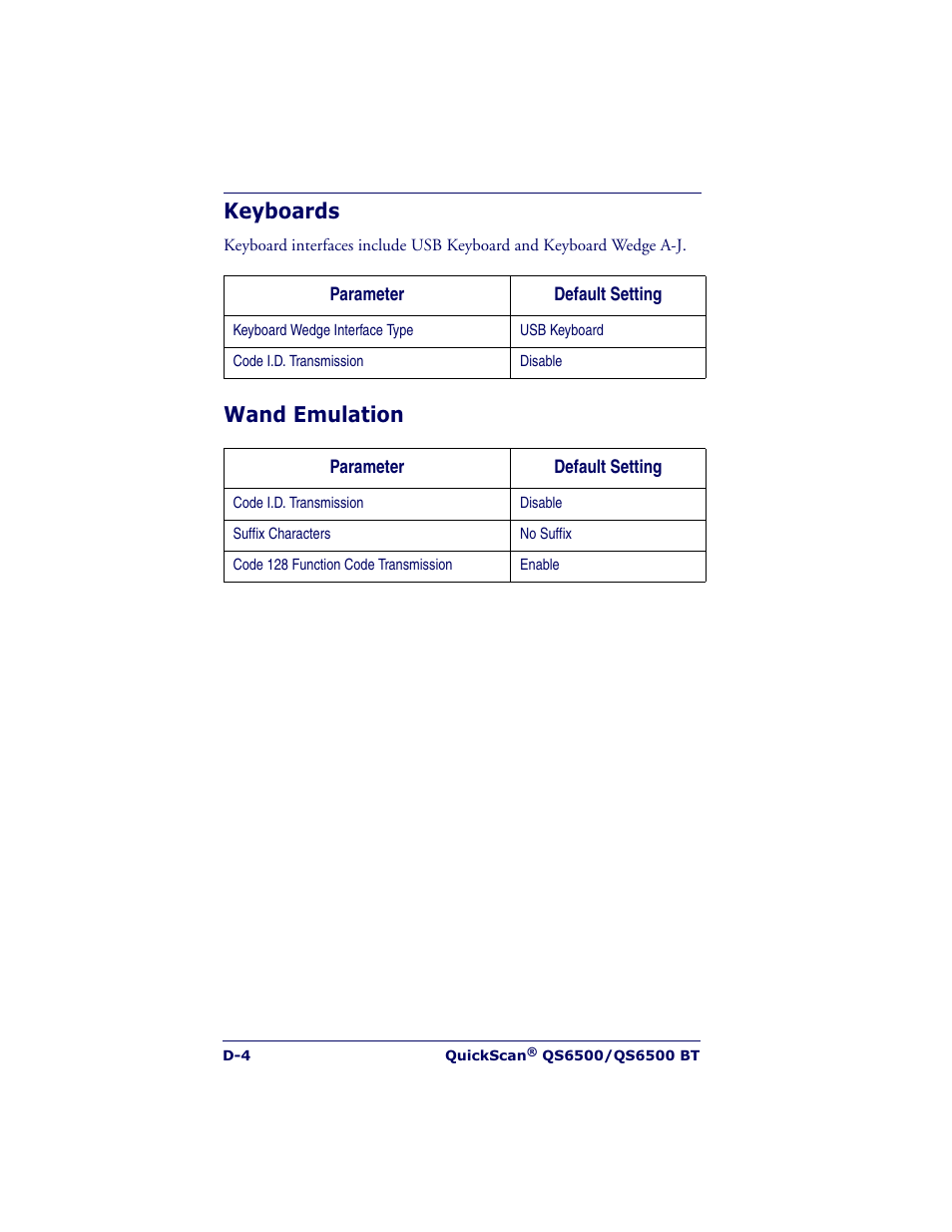 Keyboards, Wand emulation | Datalogic Scanning QUICKSCAN QS6500BT User Manual | Page 326 / 336