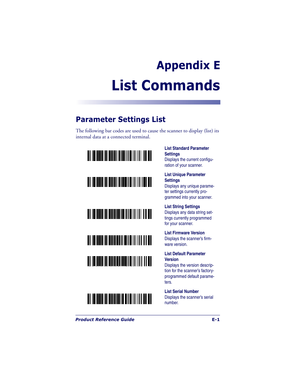 List commands, Appendix e, Parameter settings list | Datalogic Scanning QUICKSCAN QS6500BT User Manual | Page 327 / 336