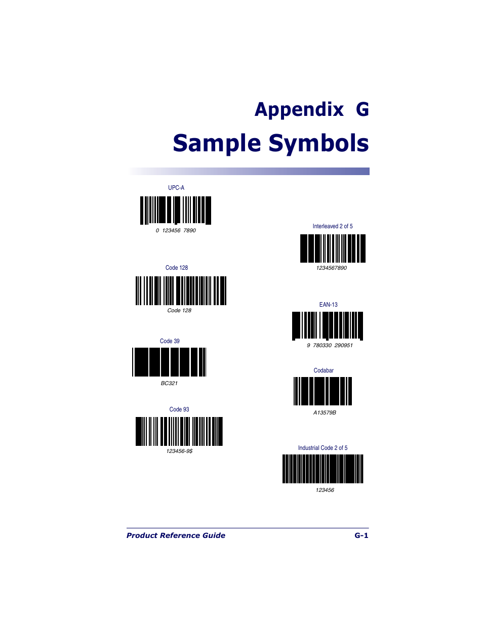 Sample symbols, Appendix g | Datalogic Scanning QUICKSCAN QS6500BT User Manual | Page 333 / 336