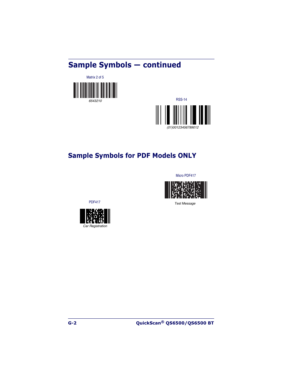 Sample symbols — continued, Sample symbols for pdf models only | Datalogic Scanning QUICKSCAN QS6500BT User Manual | Page 334 / 336