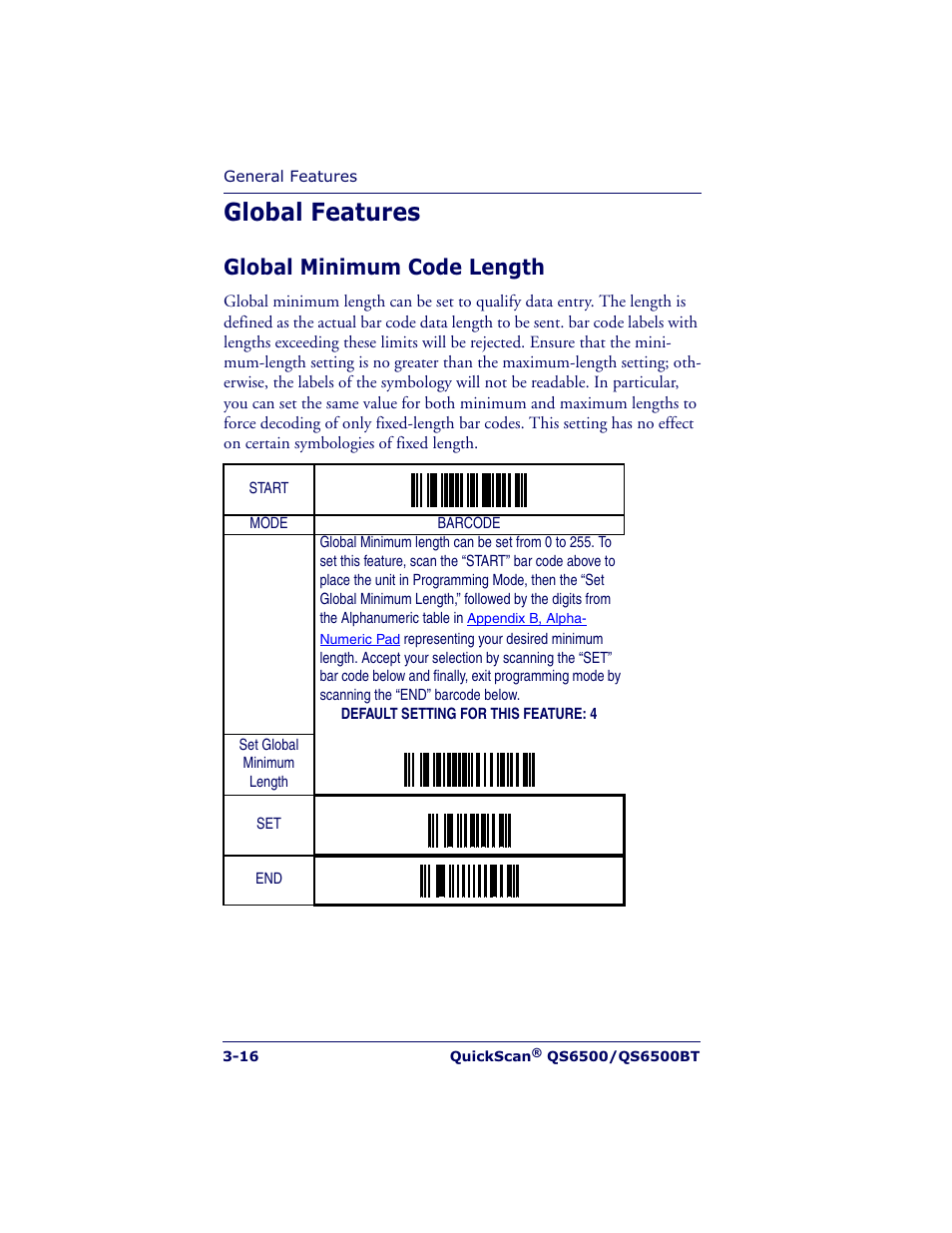Global features, Global minimum code length | Datalogic Scanning QUICKSCAN QS6500BT User Manual | Page 34 / 336