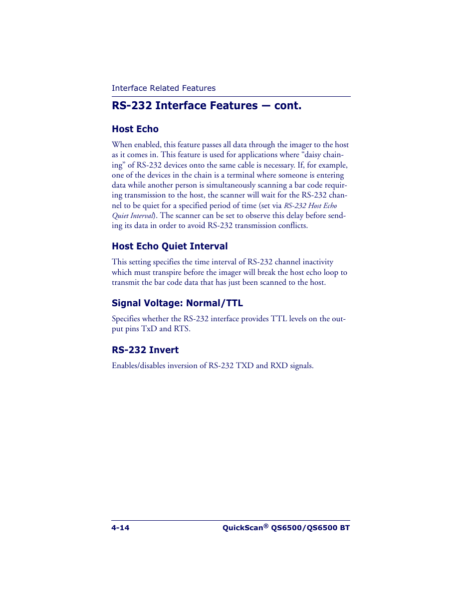 Rs-232 interface features — cont | Datalogic Scanning QUICKSCAN QS6500BT User Manual | Page 50 / 336