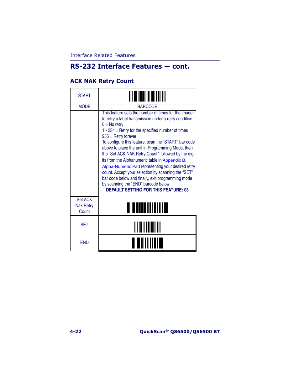 Rs-232 interface features — cont | Datalogic Scanning QUICKSCAN QS6500BT User Manual | Page 58 / 336