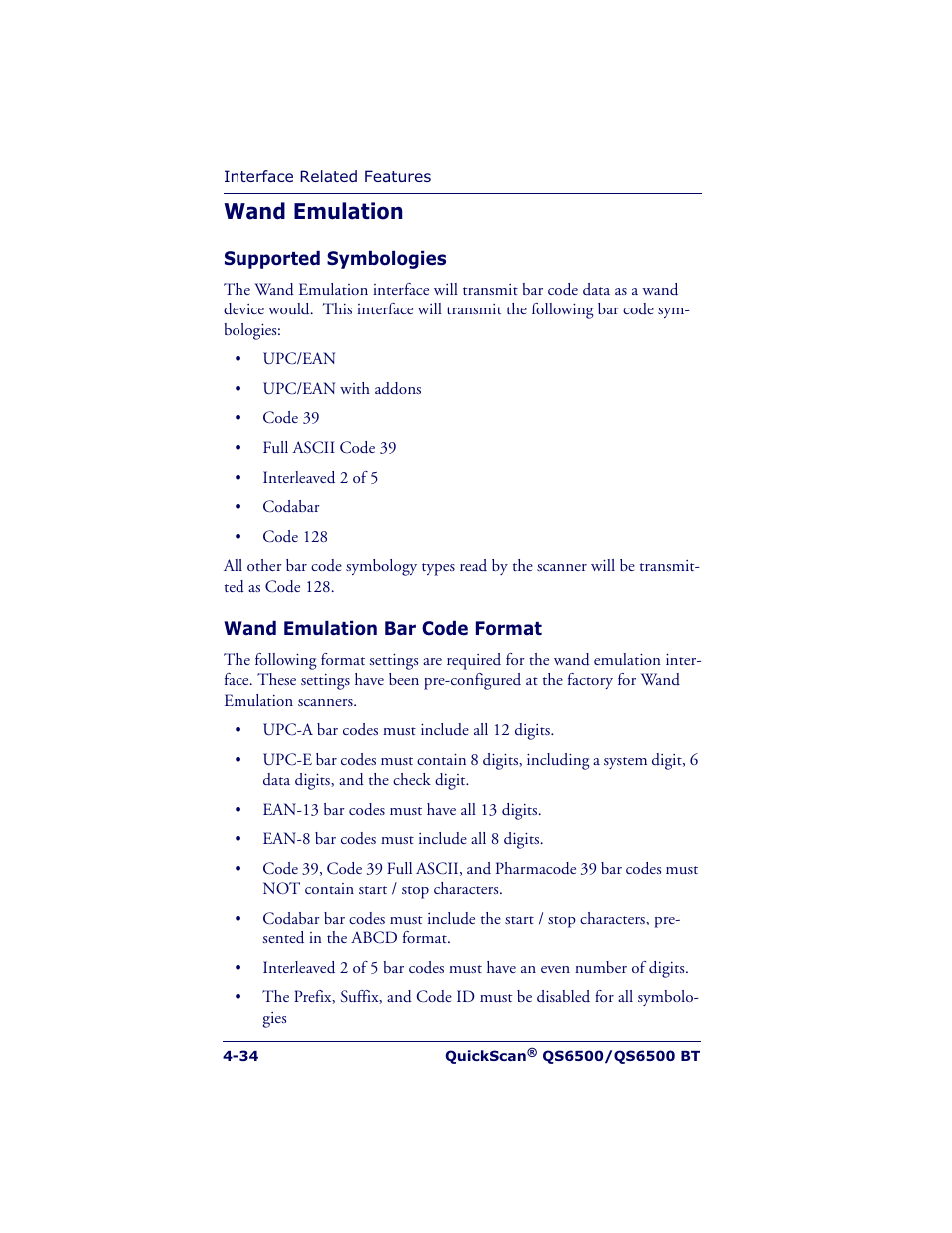 Wand emulation | Datalogic Scanning QUICKSCAN QS6500BT User Manual | Page 70 / 336