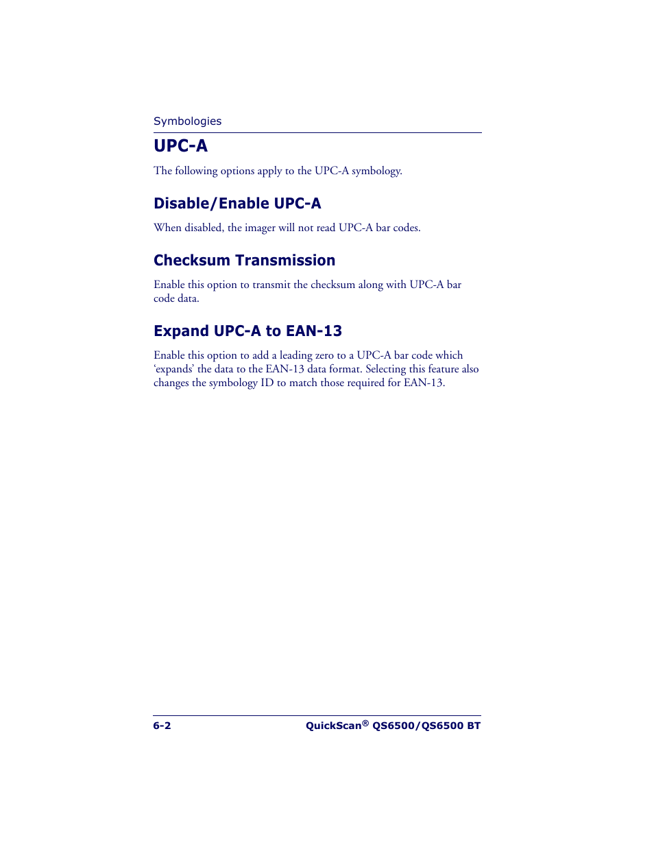 Upc-a, Disable/enable upc-a, Checksum transmission | Expand upc-a to ean-13 | Datalogic Scanning QUICKSCAN QS6500BT User Manual | Page 90 / 336