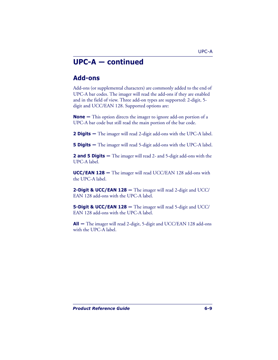 Upc-a — continued, Add-ons | Datalogic Scanning QUICKSCAN QS6500BT User Manual | Page 97 / 336