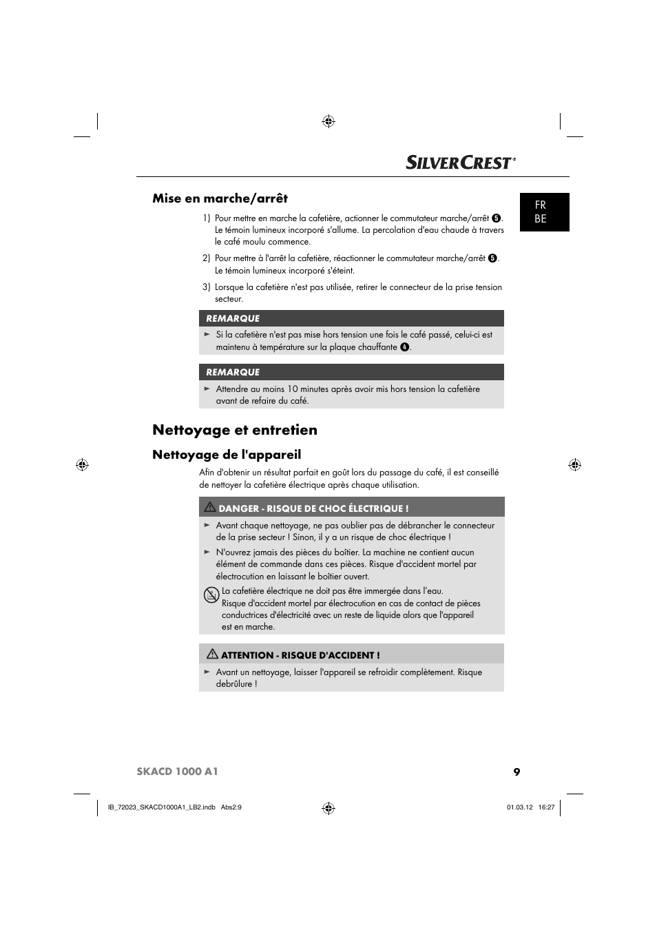 Nettoyage et entretien, Mise en marche/arrêt, Nettoyage de l'appareil | Fr be | Silvercrest SKACD 1000 A1 User Manual | Page 11 / 57