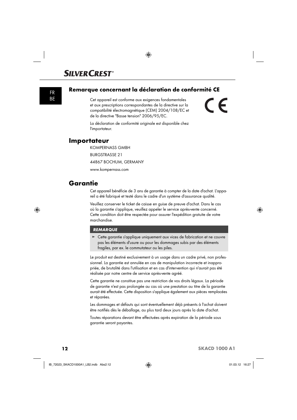 Importateur, Garantie, Fr be | Silvercrest SKACD 1000 A1 User Manual | Page 14 / 57