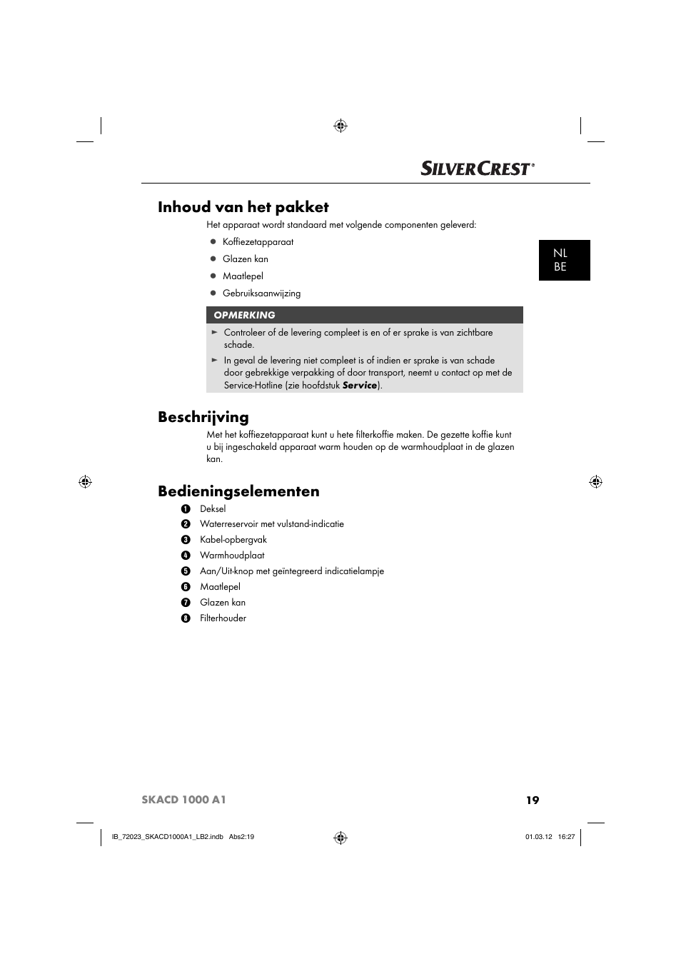 Inhoud van het pakket, Beschrijving, Bedieningselementen | Nl be | Silvercrest SKACD 1000 A1 User Manual | Page 21 / 57