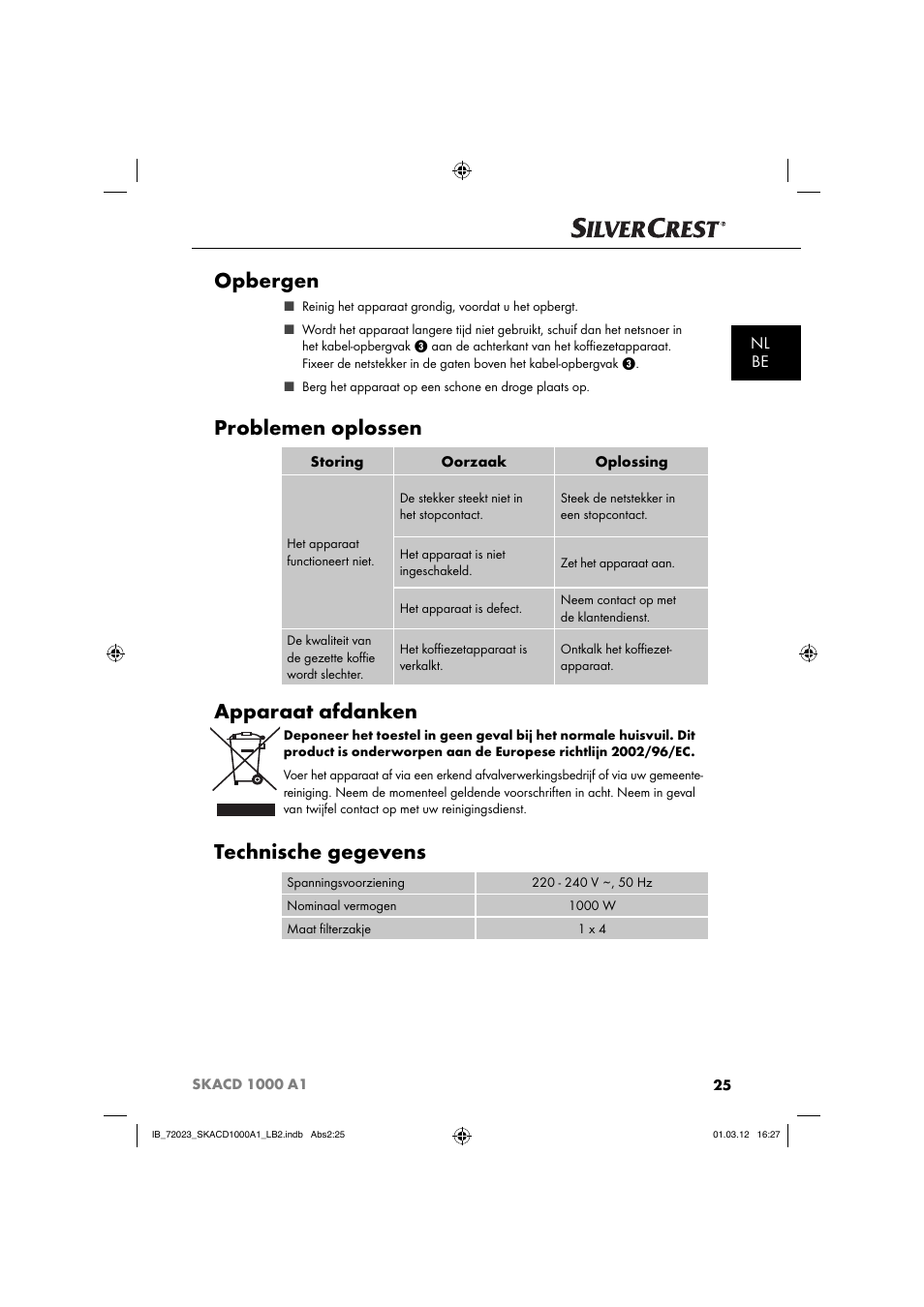 Opbergen, Problemen oplossen, Apparaat afdanken | Technische gegevens, Nl be | Silvercrest SKACD 1000 A1 User Manual | Page 27 / 57