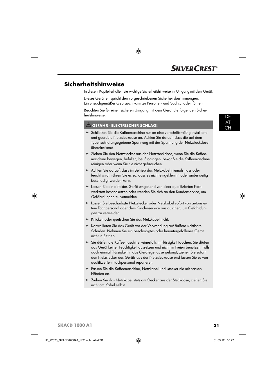 Sicherheitshinweise, De at ch | Silvercrest SKACD 1000 A1 User Manual | Page 33 / 57