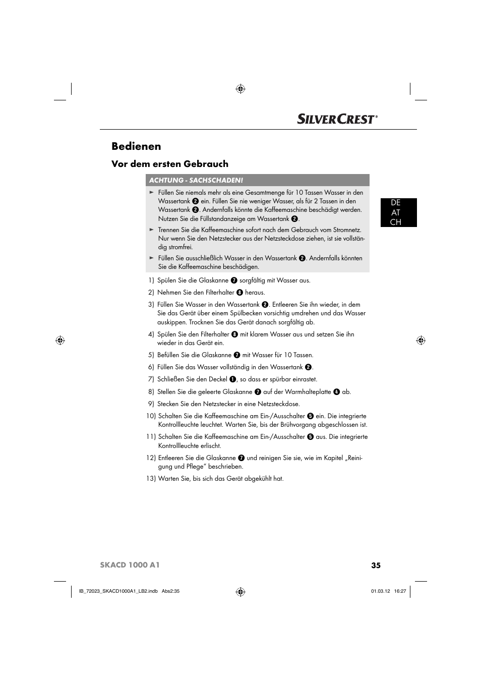 Bedienen, Vor dem ersten gebrauch, De at ch | Silvercrest SKACD 1000 A1 User Manual | Page 37 / 57