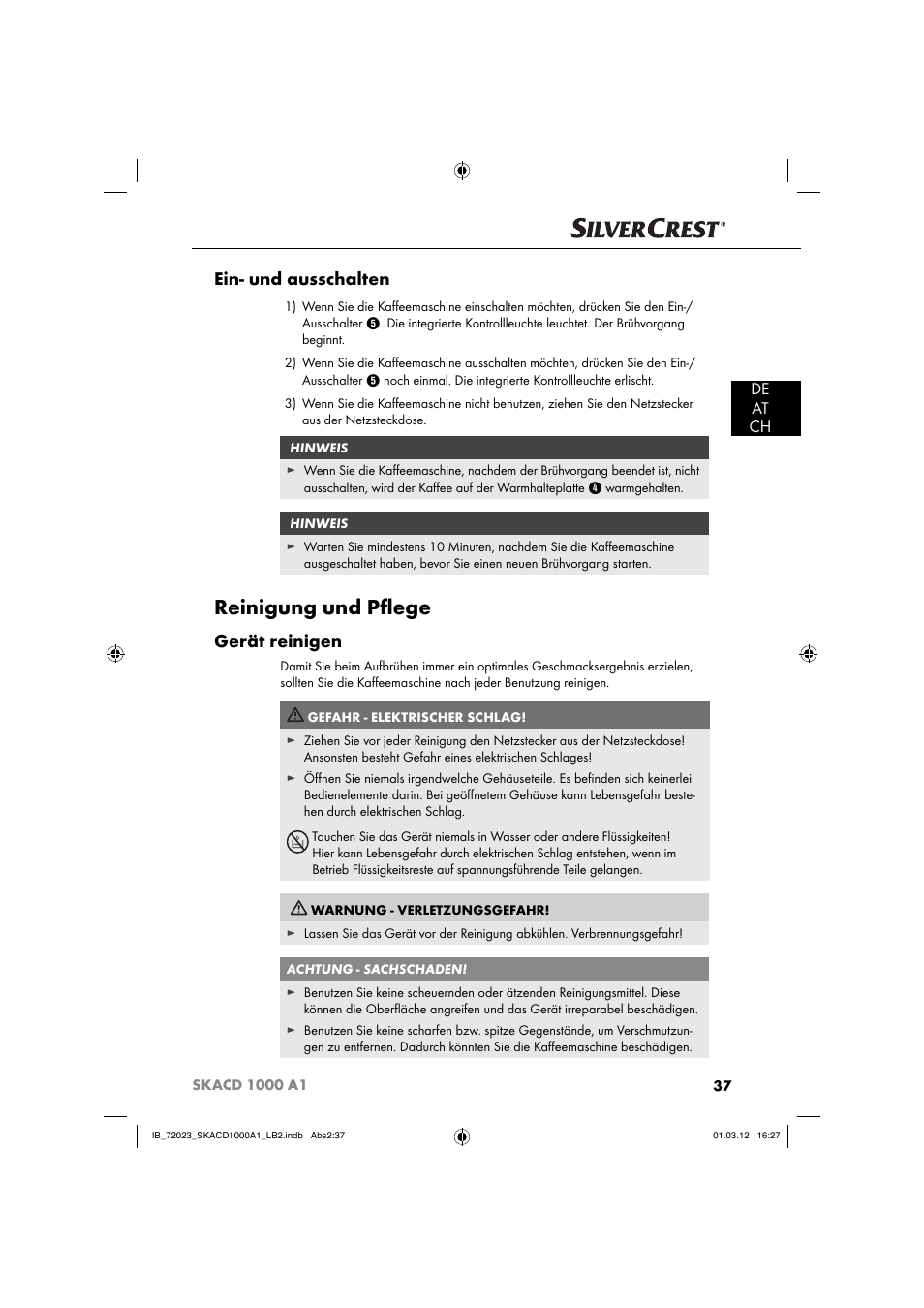 Reinigung und pﬂ ege, Ein- und ausschalten, Gerät reinigen | De at ch | Silvercrest SKACD 1000 A1 User Manual | Page 39 / 57