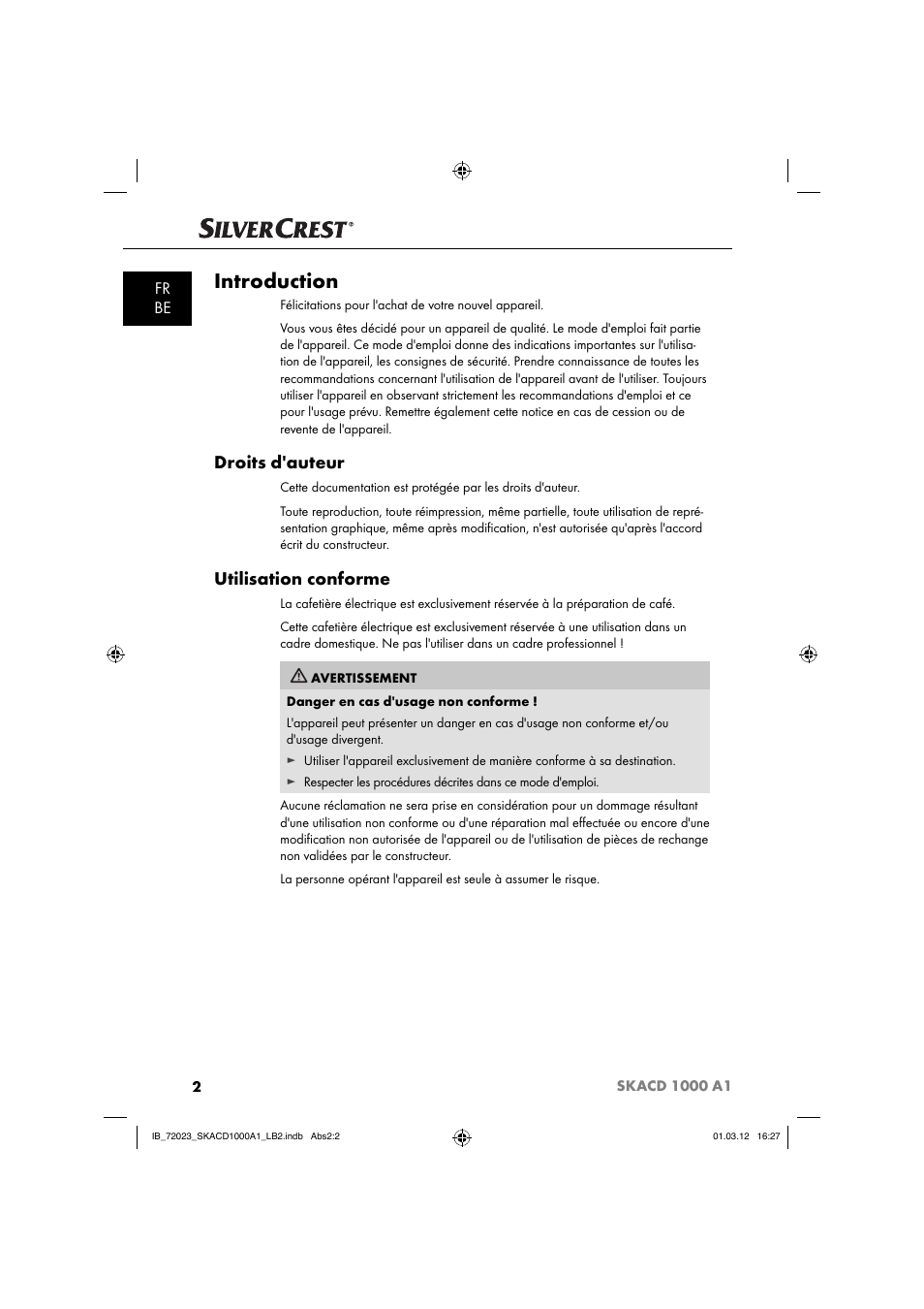 Introduction, Droits d'auteur, Utilisation conforme | Fr be | Silvercrest SKACD 1000 A1 User Manual | Page 4 / 57