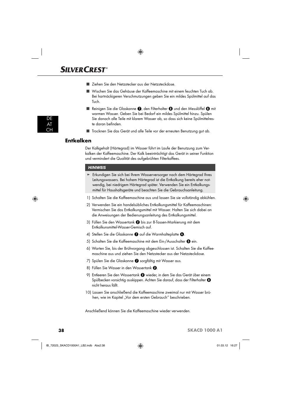 Entkalken, De at ch | Silvercrest SKACD 1000 A1 User Manual | Page 40 / 57