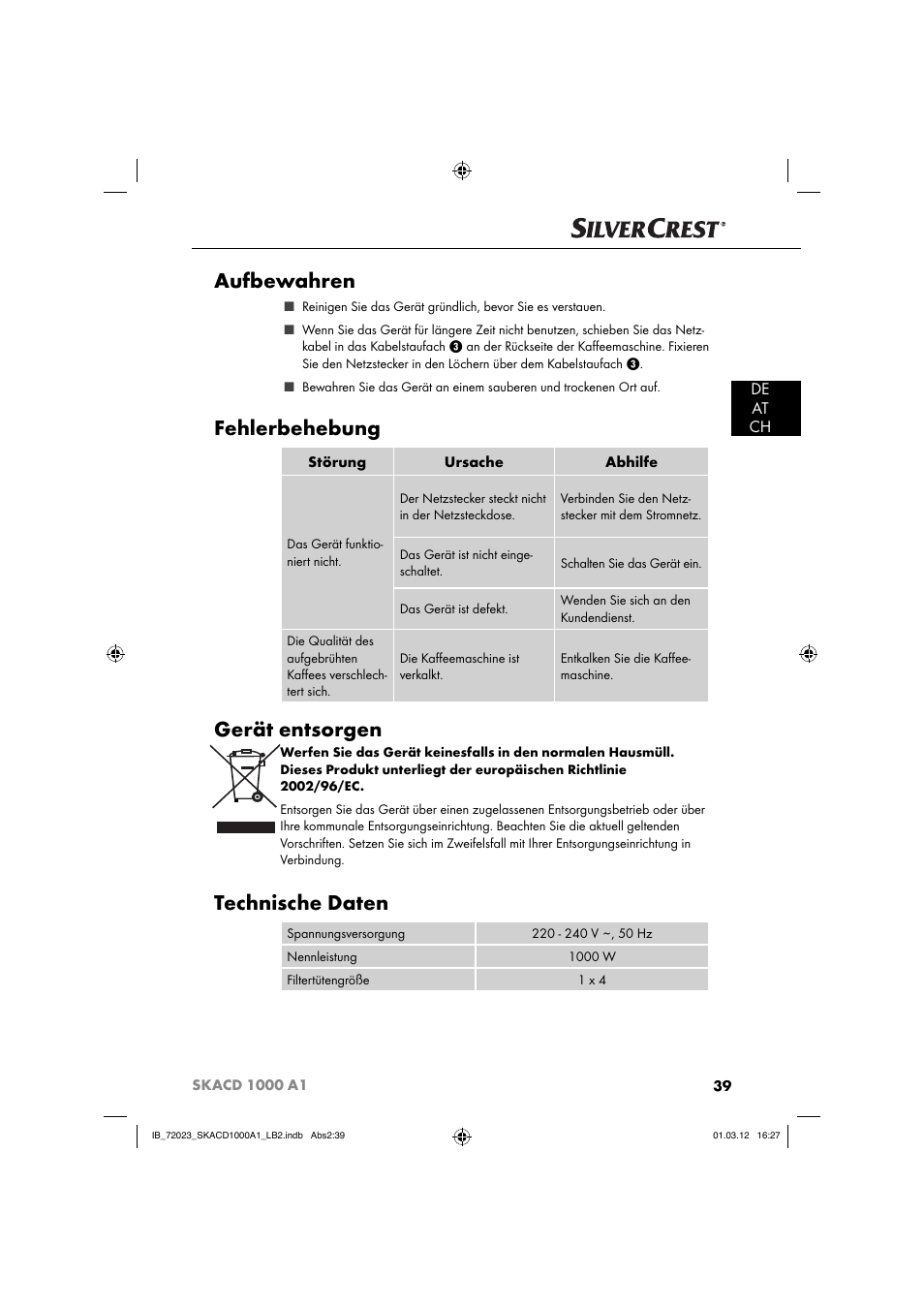 Aufbewahren, Fehlerbehebung, Gerät entsorgen | Technische daten, De at ch | Silvercrest SKACD 1000 A1 User Manual | Page 41 / 57