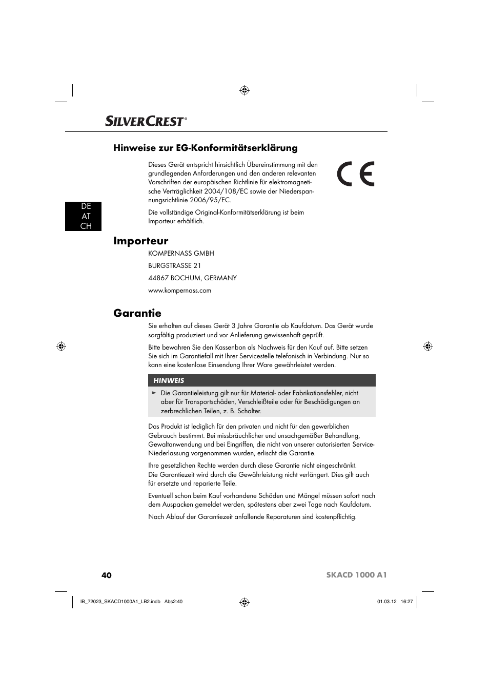 Importeur, Garantie, Hinweise zur eg-konformitätserklärung | De at ch | Silvercrest SKACD 1000 A1 User Manual | Page 42 / 57