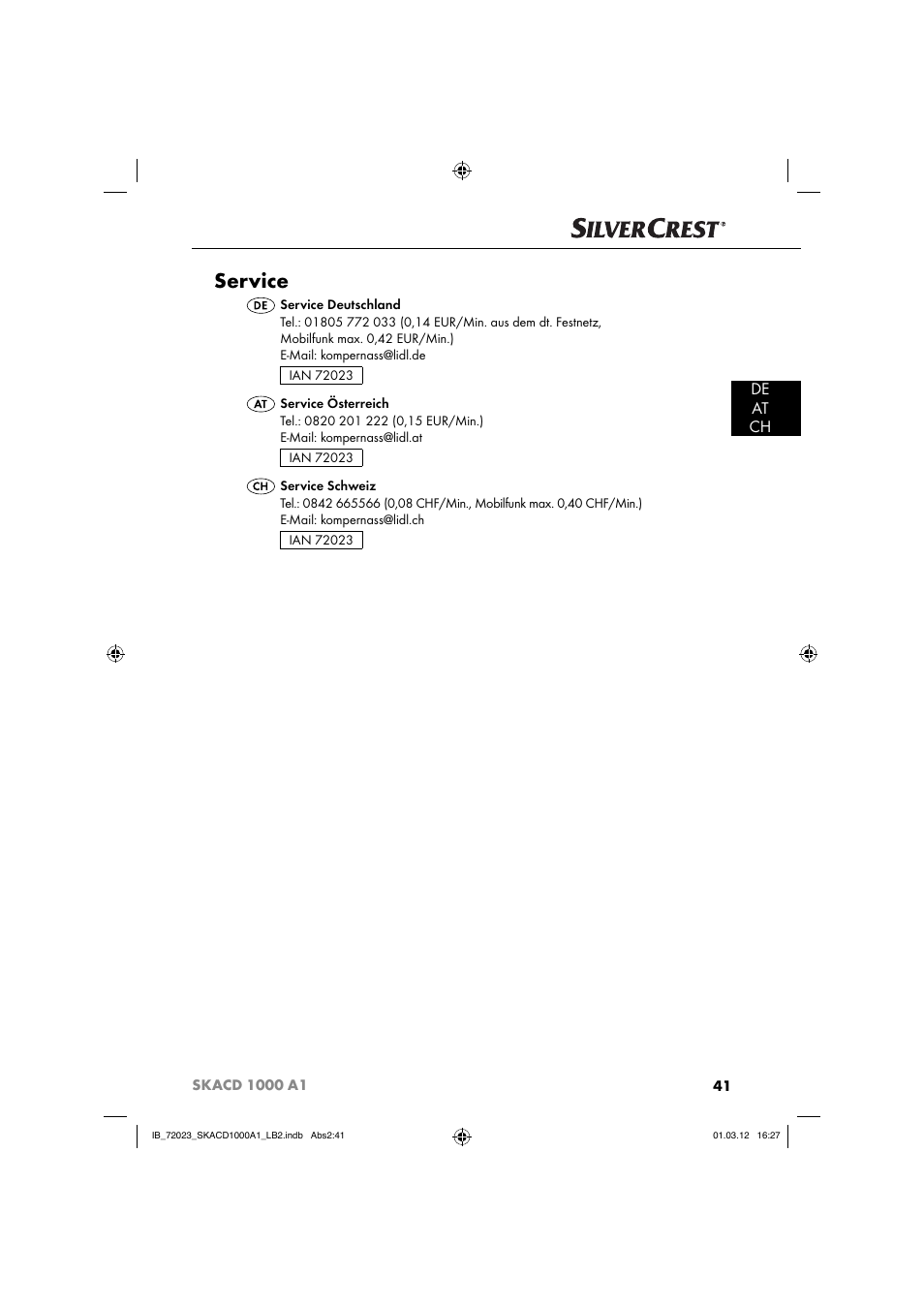 Service, De at ch | Silvercrest SKACD 1000 A1 User Manual | Page 43 / 57