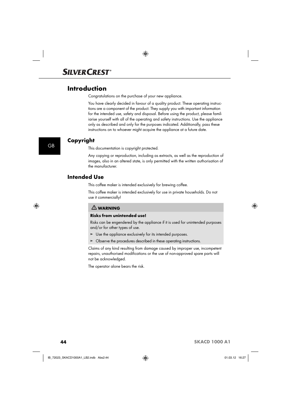 Introduction, Copyright, Intended use | Silvercrest SKACD 1000 A1 User Manual | Page 46 / 57