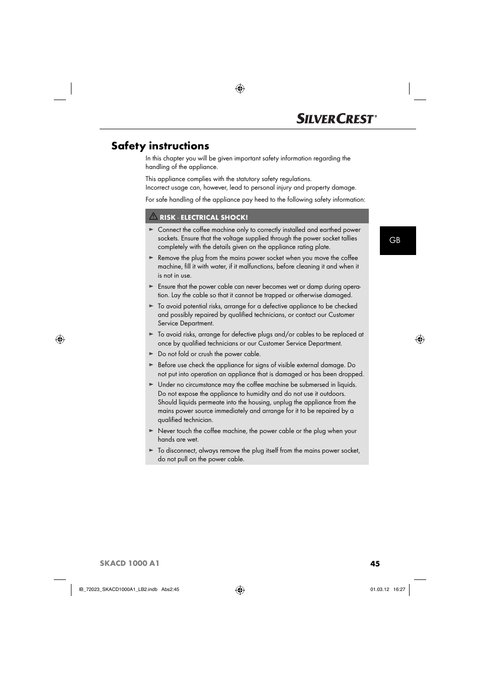 Safety instructions | Silvercrest SKACD 1000 A1 User Manual | Page 47 / 57