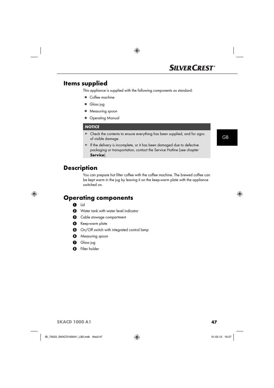 Items supplied, Description, Operating components | Silvercrest SKACD 1000 A1 User Manual | Page 49 / 57