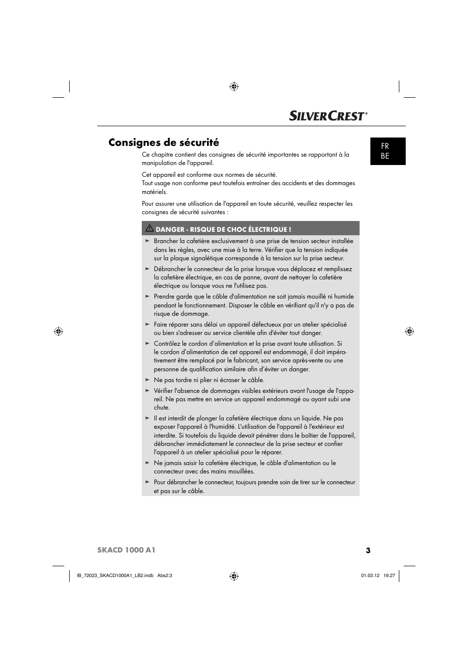 Consignes de sécurité, Fr be | Silvercrest SKACD 1000 A1 User Manual | Page 5 / 57