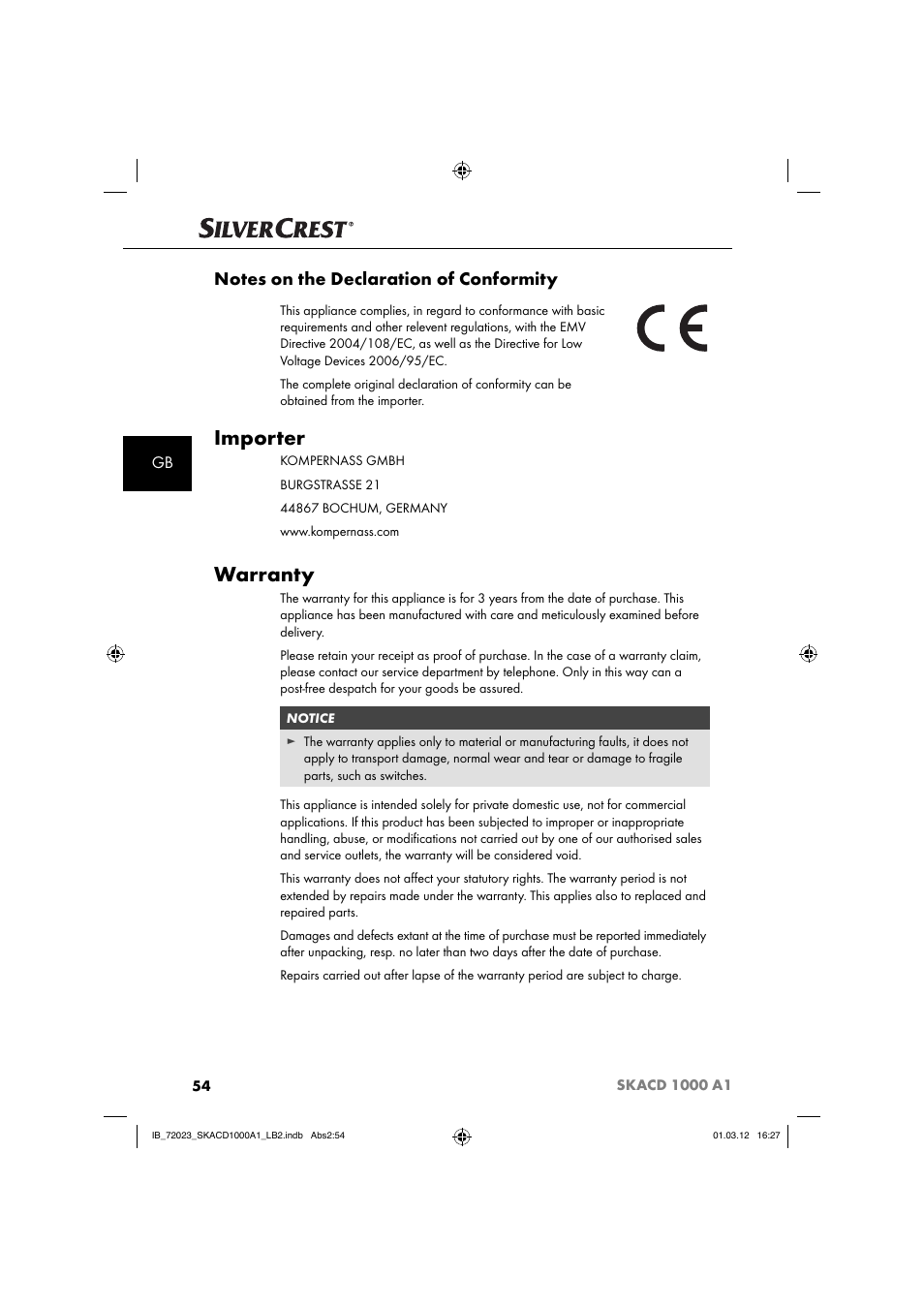 Importer, Warranty | Silvercrest SKACD 1000 A1 User Manual | Page 56 / 57