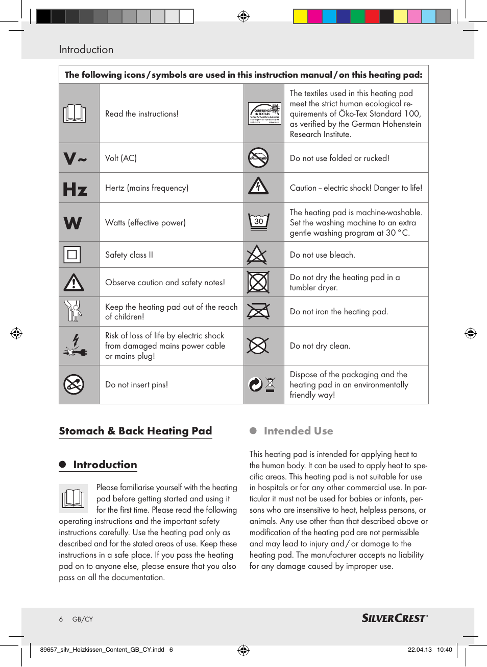 Introduction, Stomach & back heating pad introduction, Intended use | Silvercrest SHBR 100 B2 User Manual | Page 6 / 21