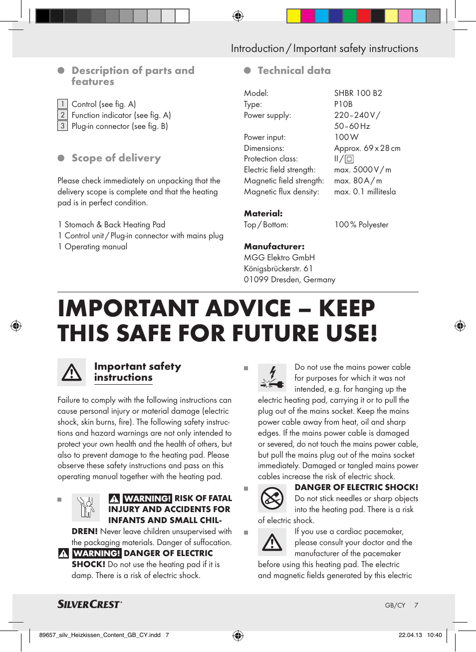 Important advice – keep this safe for future use, Introduction / important safety instructions | Silvercrest SHBR 100 B2 User Manual | Page 7 / 21