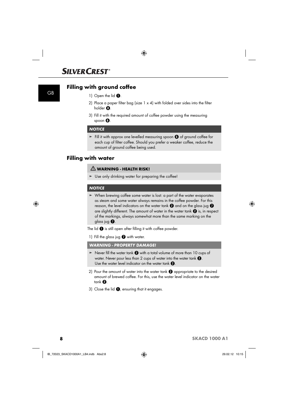 Filling with ground coﬀ ee, Filling with water | Silvercrest SKACD 1000 A1 User Manual | Page 10 / 55