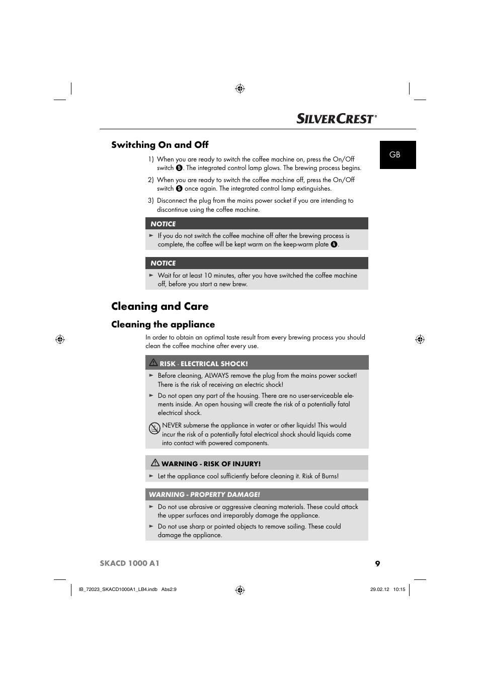 Cleaning and care, Switching on and oﬀ, Cleaning the appliance | Silvercrest SKACD 1000 A1 User Manual | Page 11 / 55